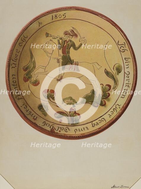 Plate with Soldier on Horseback, 1936. Creator: Albert J. Levone.
