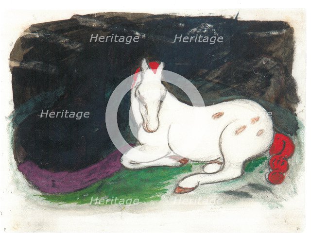 White horse lying on a black background, 1912.