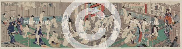 Naked bodies compared to irises in hot water... , 1868. Creator: Kunichika, Toyohara (1835-1900).