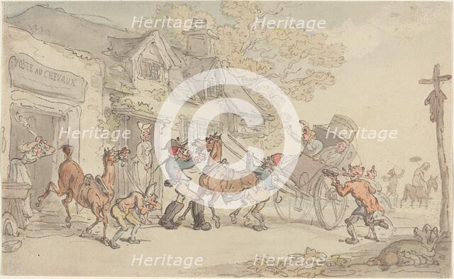 Changing Horses at a Post House in France, c. 1790. Creator: Thomas Rowlandson.