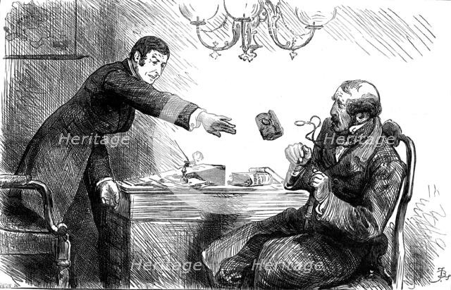 "The usurer...chucked him scornfully an old pocket-book with a ten-pound note inside...", 1880. Creator: Unknown.