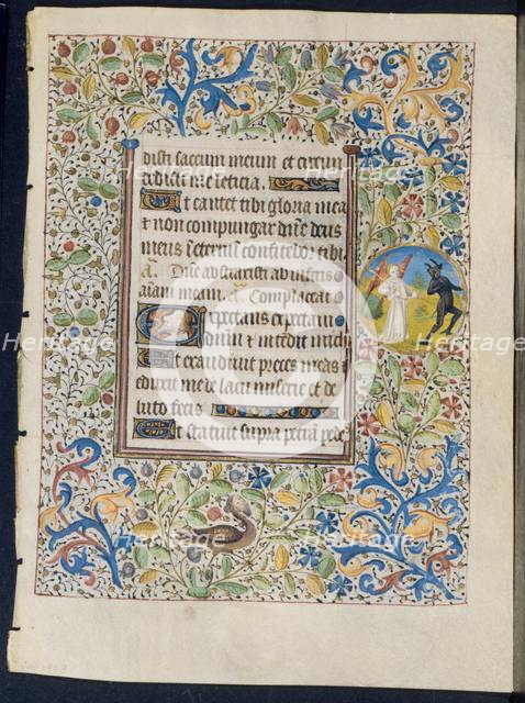 Leaf from a Book of Hours: Angel Chasing a Devil (recto) and Two Devils (verso), c. 1460. Creator: Coëtivy Master (French), circle of.