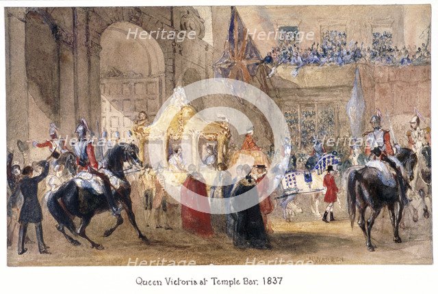Queen Victoria at Temple Bar, London, 1837. Artist: Henry Warren