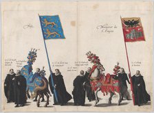 Plate 34: Men with heraldic flags and horses from Frise and the Hapsburg Empire marching i..., 1623. Creator: Cornelis Galle I.