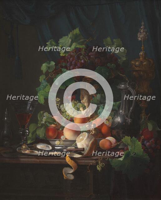 Arrangement with wine glasses, oysters, lemon and other fruits, 1848. Creator: Carl Balsgaard.