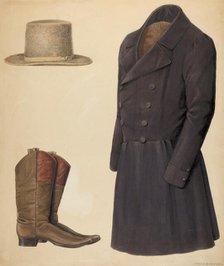 Zoar Man's Hat, Boots and Coat, c. 1937. Creator: Fritz Boehmer.