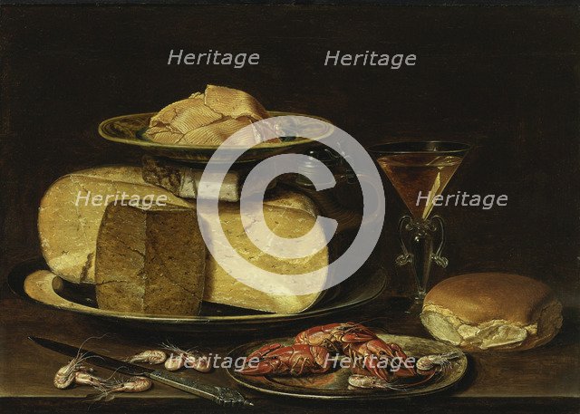 Still Life with Cheeses, Glas à la façon de Venise and crayfish on a pewter plate. Artist: Peeters, Clara (1594-1658)