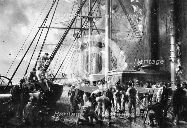 Making the Splice between the Shore End and the Ocean Cable, ca. 1866. Creator: Robert Charles Dudley.