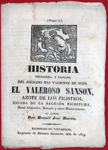 Three sheets booklet with the story 'The brave Samson'. Published in Valladolid, 1849.