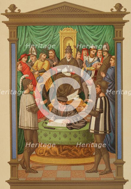 Dispute between two knights about the Immaculate Conception, in a tournament...16th cent (1877). Creator: Unknown.