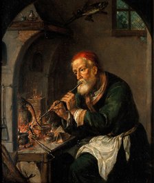 An alchemist blowing on a fire to heat a still, c1750s. Creator: Christian Wilhelm Ernst Dietrich.