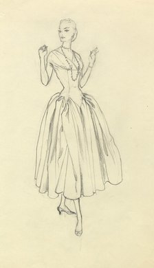 Woman in narrow-waisted dress, c1952. Creator: Shirley Markham.