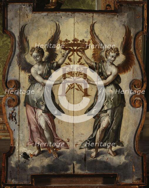 Two winged figures supporting an "H" topped with a ducal crown, between 1589 and 1600. Creator: Unknown.
