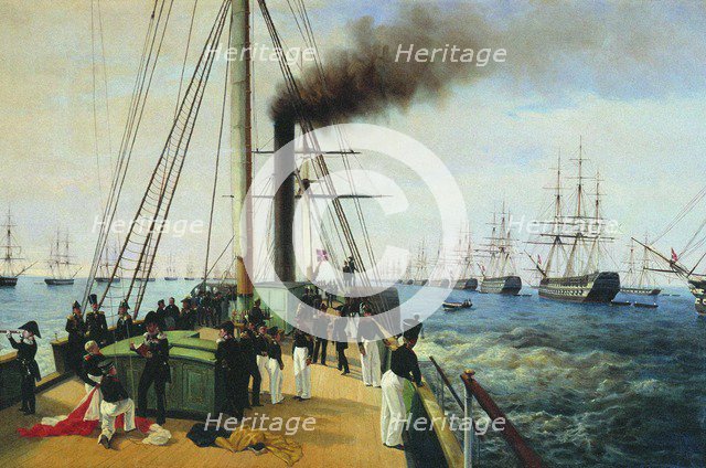  The review of the Baltic Fleet by the Emperor Nicholas I on the steamer Nevka, 1850-1860s.