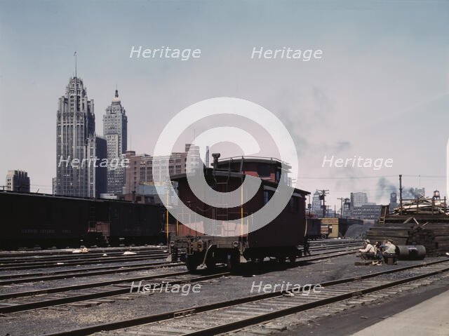 General view of part of the south Water street freight...Illinois Central Railroad, Chicago, 1943. Creator: Jack Delano.