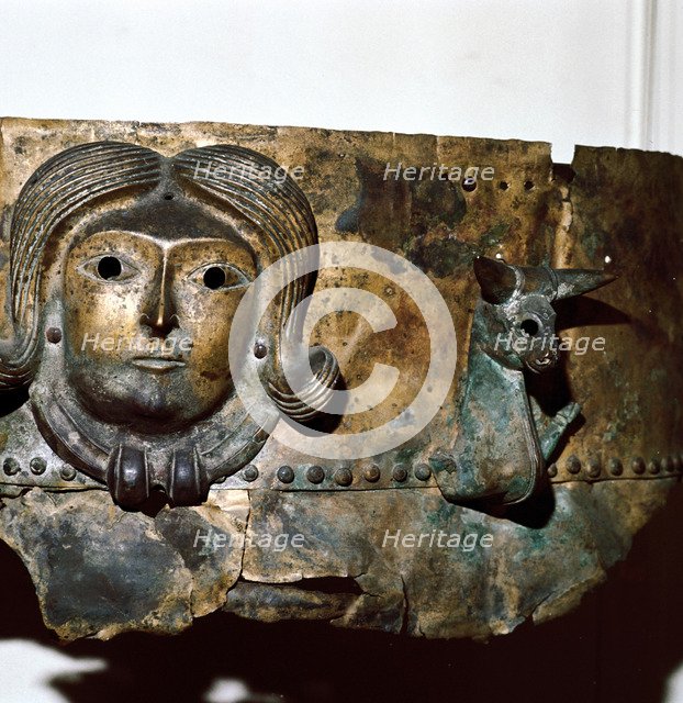 Celtic human head on Bronze cauldron, Rynkeby Bog, Denmark, 4th century BC. Artist: Unknown