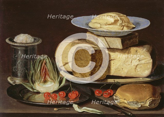 Still Life with Cheeses, Artichoke, and Cherries, ca 1625. Artist: Peeters, Clara (1594-1658)