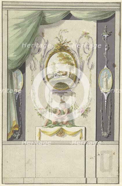 Design for room decorations with a panel with a medallion with cows, 1767-1823. Creator: Abraham Meertens.