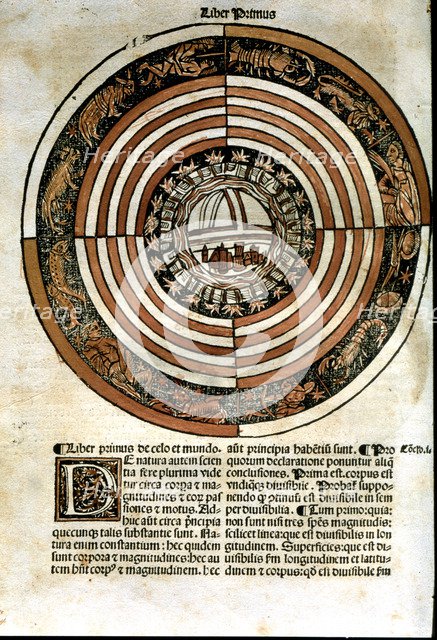  'De Celo et Mundo' by Aristotle, Book I, engraving of the earth as immobile center of the  Ptole…