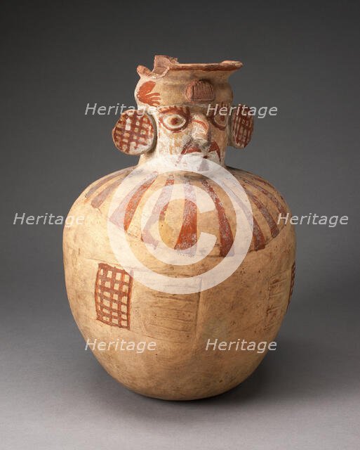 Jar in the Form of a Figure with Modeled Head, Painted Face, and Wearing a Wide Collar, 100 BC/AD 50 Creator: Unknown.