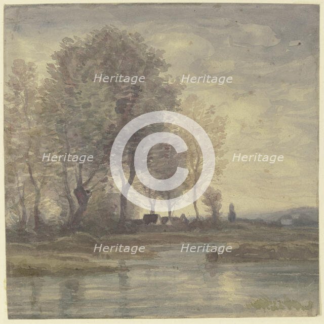 Boundary with farmhouses under tall trees, mid-late 19th century. Creator: Karl Peter Burnitz.