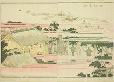 Sumiyoshi Shrine at Tsukuda (Tsukuda Sumiyoshi yashiro), from the illustrated book "Pic..., c. 1802. Creator: Hokusai.