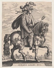 Plate 7: Emperor Galba on Horseback, from 'The First Twelve Roman Caesars' after Tempes..., 1610-50. Creator: Matthaus Merian.