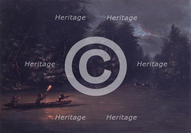 Deer Hunting by Torchlight in Bark Canoes, 1846-1848. Creator: George Catlin.