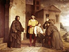 Columbus before the Monastery of La Rabida' Christopher Columbus (1451-1506), Genoese navigator.