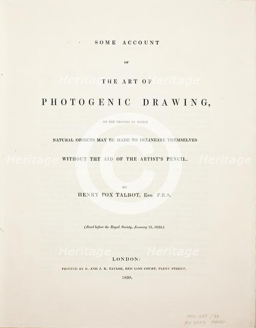 Some Account of the Art of Photogenic Drawing, or the Process by which Natural Objects..., Jan 31, 1 Creator: William Henry Fox Talbot.