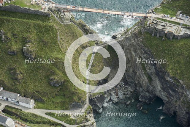 Construction of new Tintagel Castle footbridge, Cornwall, 2019. Creator: Damian Grady.