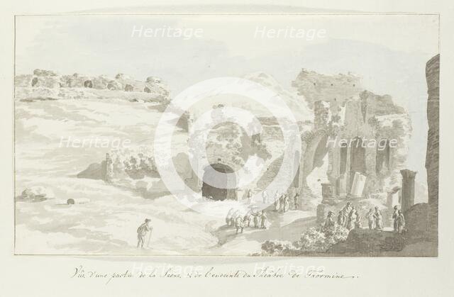 View of part of the stage and wall behind at Taormina theater, 1778. Creator: Louis Ducros.