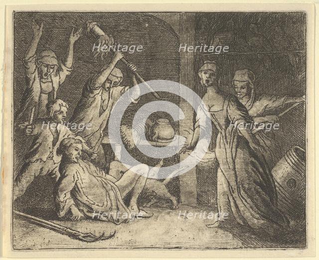 The Cat, Caught in a Snare, is Mistreated by the People from the House, 1650-75. Creator: Allart van Everdingen.