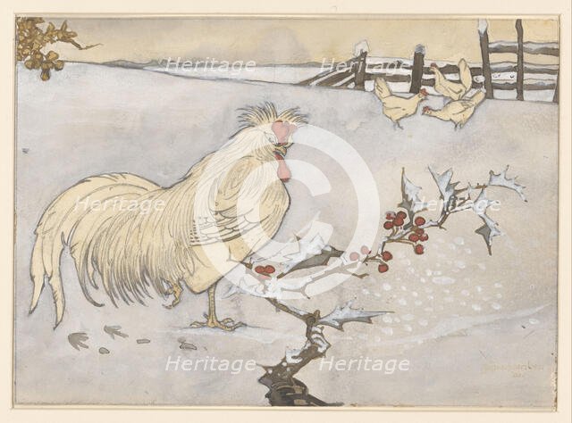 Rooster and three chickens in a snowy landscape with a branch of holly, 1906. Creator: Jan C Van der Ven.