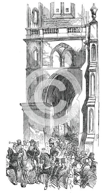 The Procession passing St. Mary's Church, Warwick May Fair Show, 1850. Creator: Unknown.