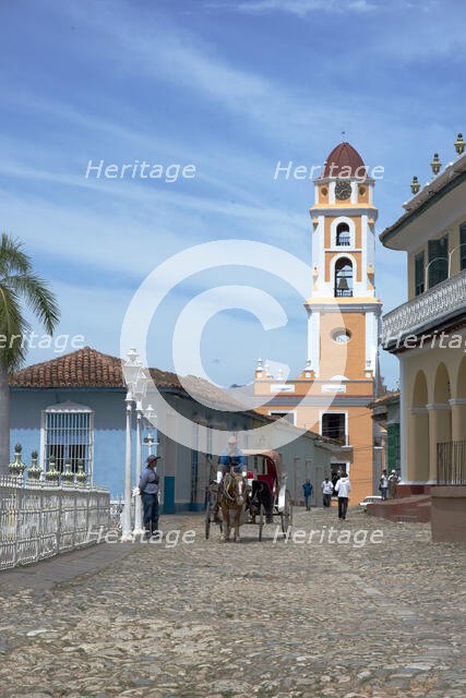 Main Square and bell tower of St Francis church in the UNESCO city of Trinidad, Cuba, 2024. Creator: Ethel Davies.