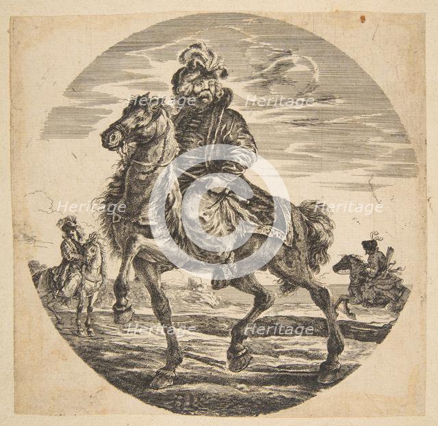 Hungarian horseman riding towards the left, other horsemen in the background, a circular c....n.d. Creator: Johanna Christina Küsel.
