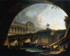 Caprice architectural : un palais inspiré du Louvre et le Pont-Neuf s'encadrant dans..., c1775. Creator: Pierre-Antoine Demachy.