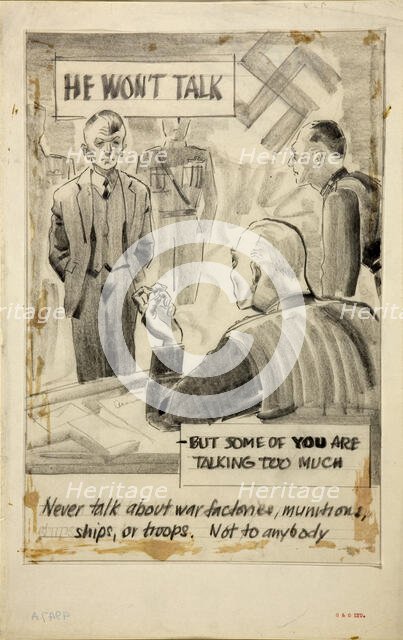 'He won't talk - but some of you are talking too much..., WWII poster, between 1939 and 1946. Creators: Central Office of Information, Unknown.