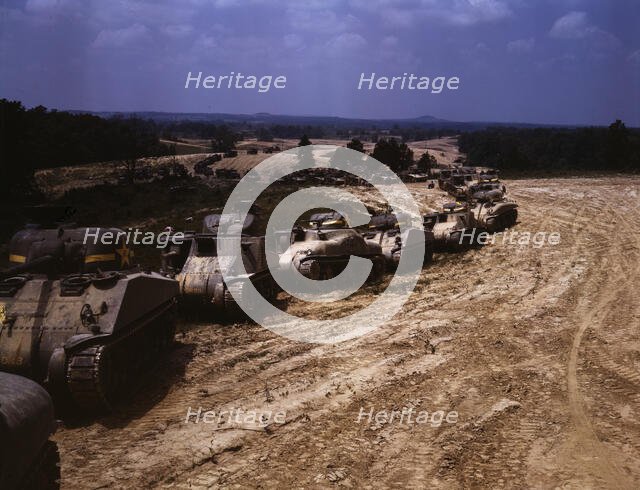 Parade of M-4 (General Sherman) and M-3 (General Grant) tanks in training ..., Ft. Knox, Ky., 1942. Creator: Alfred T Palmer.