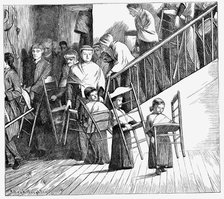 Shaker community going to dinner, each carrying their own Shaker chair, New York State, 1870. Artist: Unknown