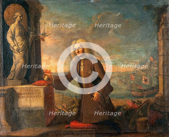 A man presenting a votive offering to Saint Fermina as protector of navigators. Creator: Unknown.