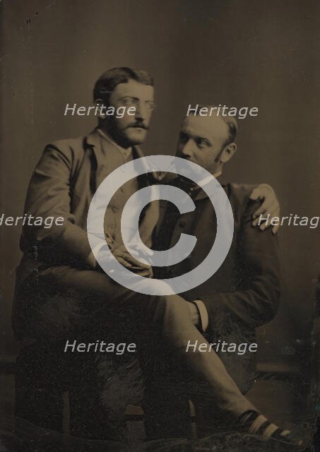 Two Men Smoking, One Seated in the Other's Lap, 1880s-90s. Creator: Unknown.