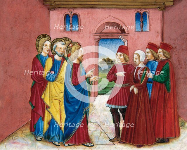 Miniature depicting the Pharisees bringing before Jesus a woman accused of adultery, 1476.  Creator: Cristoforo De Predis.
