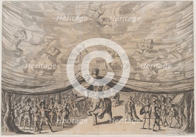 Prologue; the stage curtain is lifted to reveal a soldier on an elephant surrounded by his..., 1678. Creator: Mathäus Küsel.