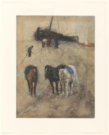 Horses on the beach, a barge and fishermen in the background, c.1867-c.1923. Creator: George Hendrik Breitner.