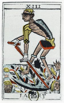 Tarot Card of Death, the grim reaper, Noblet tarot, 17th century. Creator: Unknown.