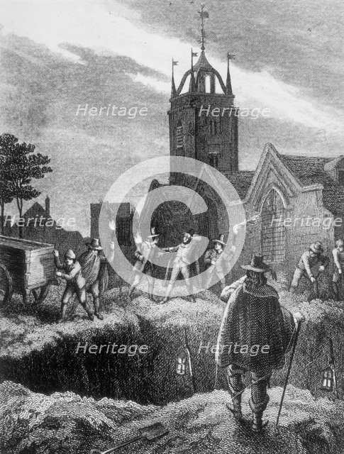 Filling a mass grave at night during the Plague of London, c1665. Artist: Anon