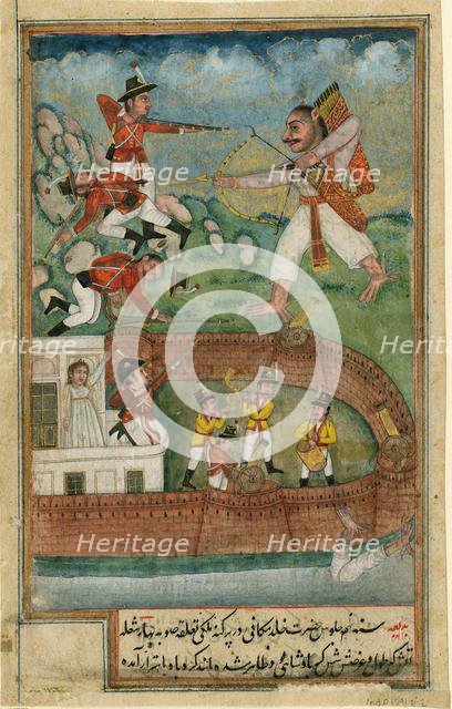 Indian demons attacking fort defended by european troops, c. 1790. Artist: Indian Art  