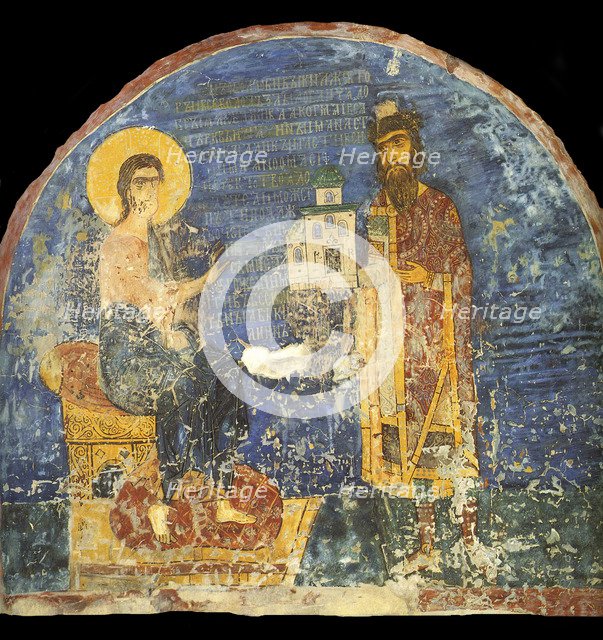 Grand Prince Yaroslav II Vsevolodovich with model of the Nereditsa Church before Christ, 12th centur Artist: Ancient Russian frescos  